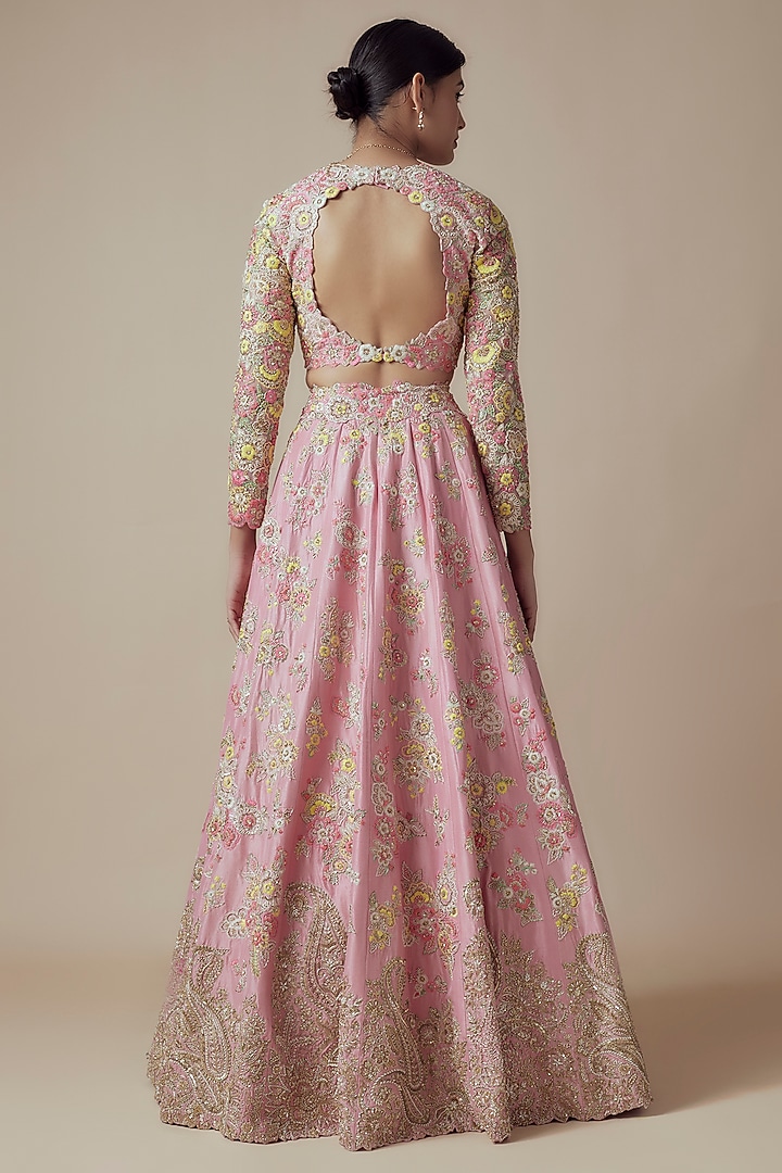 Baby Pink Pure Silk Zardosi & Pearl Embroidered Bridal Lehenga Set by Mrunalini Rao at Pernia's Pop Up Shop