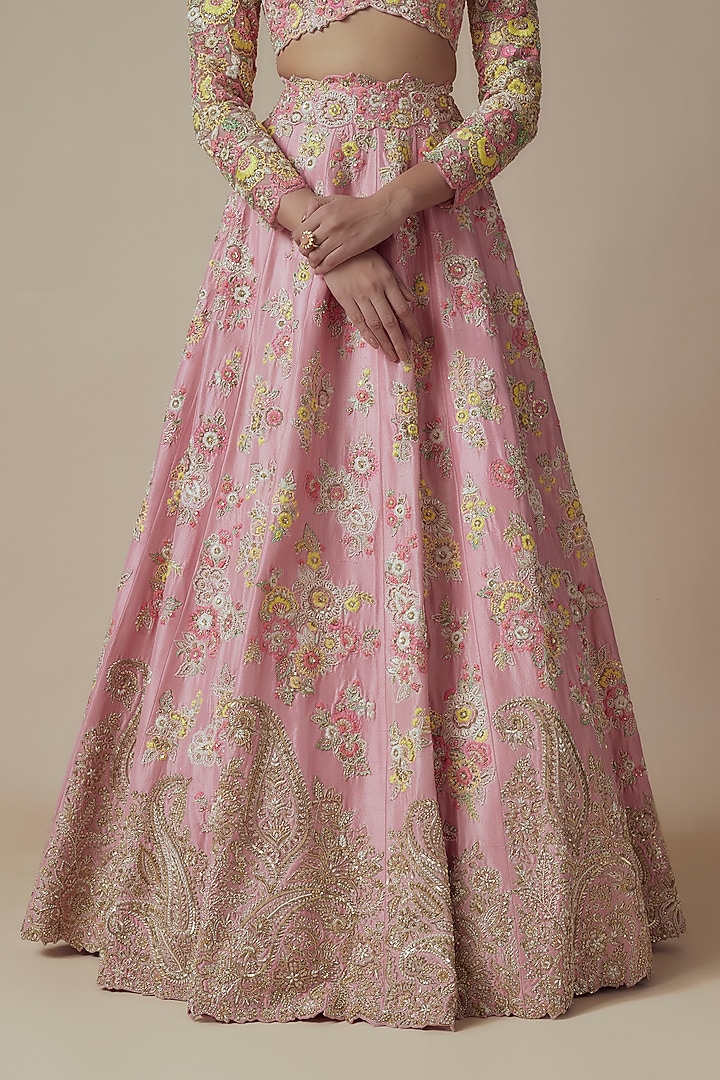 Baby Pink Pure Silk Zardosi & Pearl Embroidered Bridal Lehenga Set by Mrunalini Rao at Pernia's Pop Up Shop