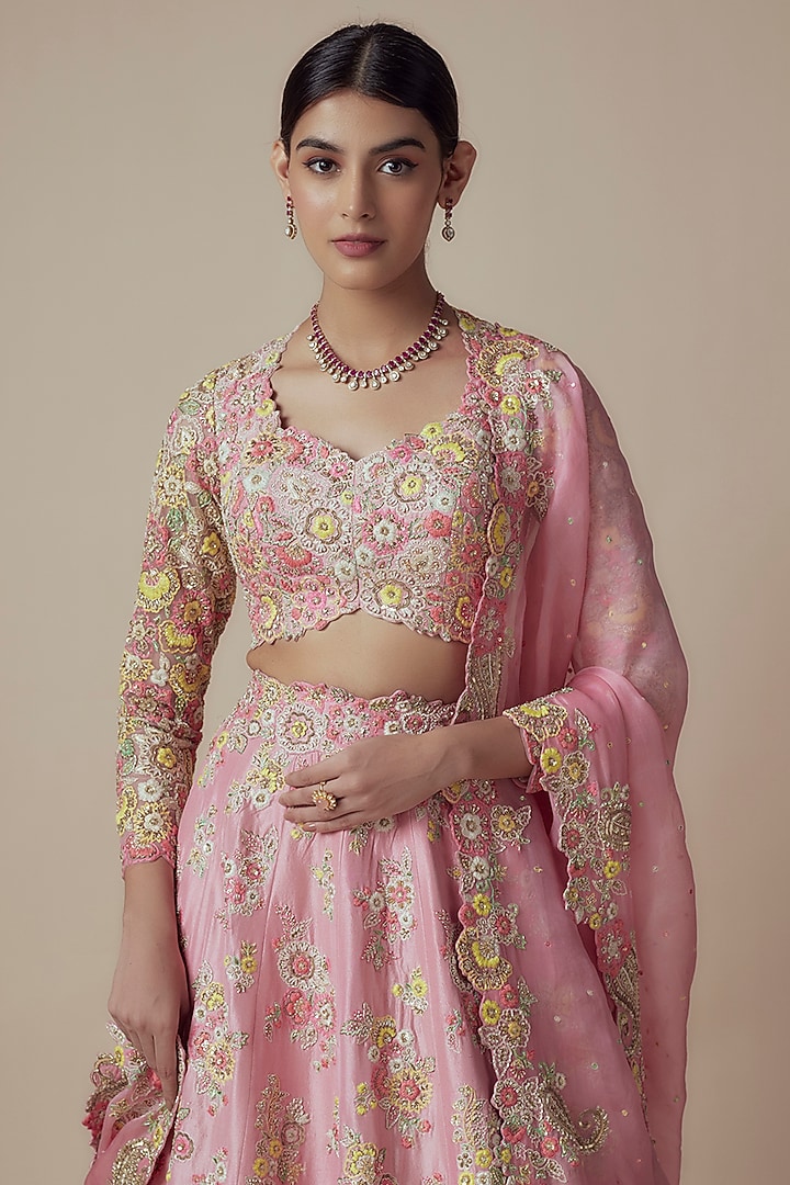 Baby Pink Pure Silk Zardosi & Pearl Embroidered Bridal Lehenga Set by Mrunalini Rao at Pernia's Pop Up Shop