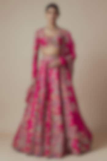 Fuchsia Pink Pure Silk Zardosi & Pearl Embroidered Bridal Lehenga Set by Mrunalini Rao at Pernia's Pop Up Shop