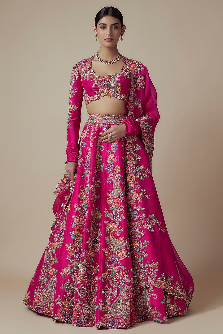 Fuchsia Pink Pure Silk Zardosi & Pearl Embroidered Bridal Lehenga Set by Mrunalini Rao at Pernia's Pop Up Shop