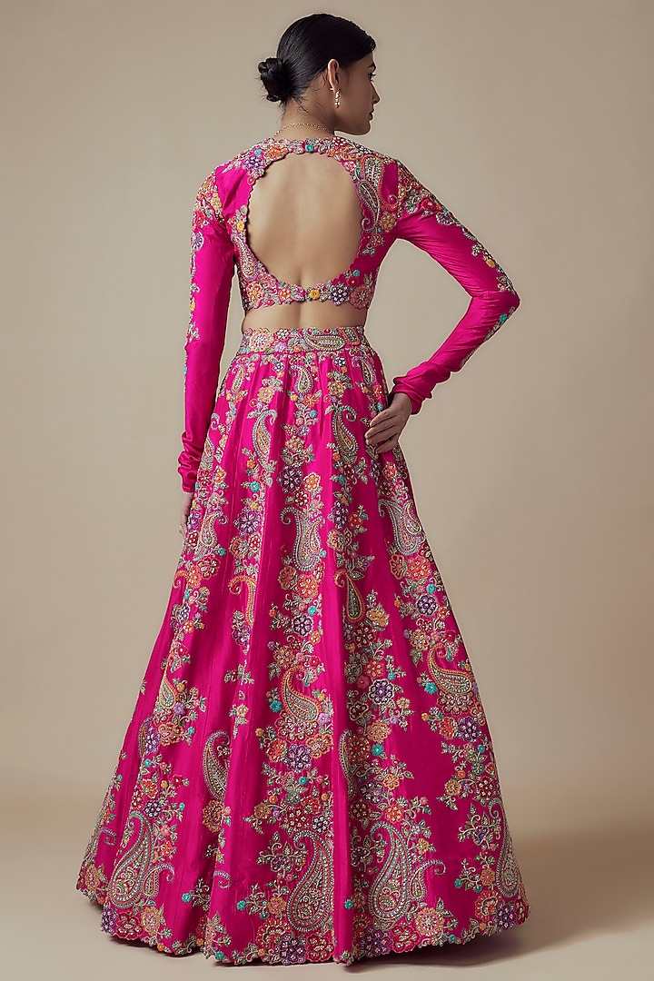 Fuchsia Pink Pure Silk Zardosi & Pearl Embroidered Bridal Lehenga Set by Mrunalini Rao at Pernia's Pop Up Shop