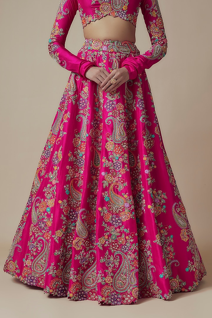 Fuchsia Pink Pure Silk Zardosi & Pearl Embroidered Bridal Lehenga Set by Mrunalini Rao at Pernia's Pop Up Shop