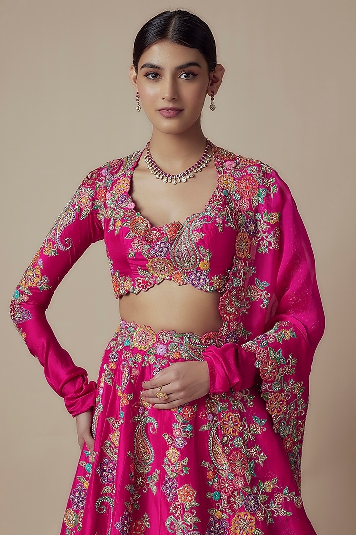 Fuchsia Pink Pure Silk Zardosi & Pearl Embroidered Bridal Lehenga Set by Mrunalini Rao at Pernia's Pop Up Shop
