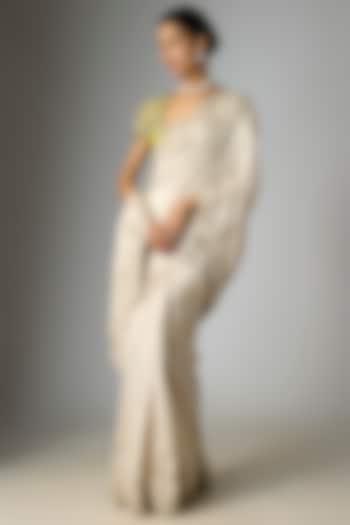 Ivory Silk Zardosi Embroidered Bridal Saree Set by Mrunalini Rao at Pernia's Pop Up Shop