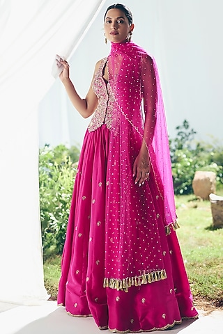 Fuchsia Pink Silk Zardosi Embroidered Lehenga Set by Mrunalini Rao