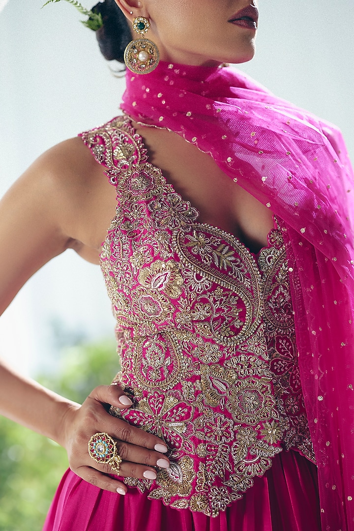 Fuchsia Pink Silk Zardosi Embroidered Bridal Lehenga Set by Mrunalini Rao at Pernia's Pop Up Shop