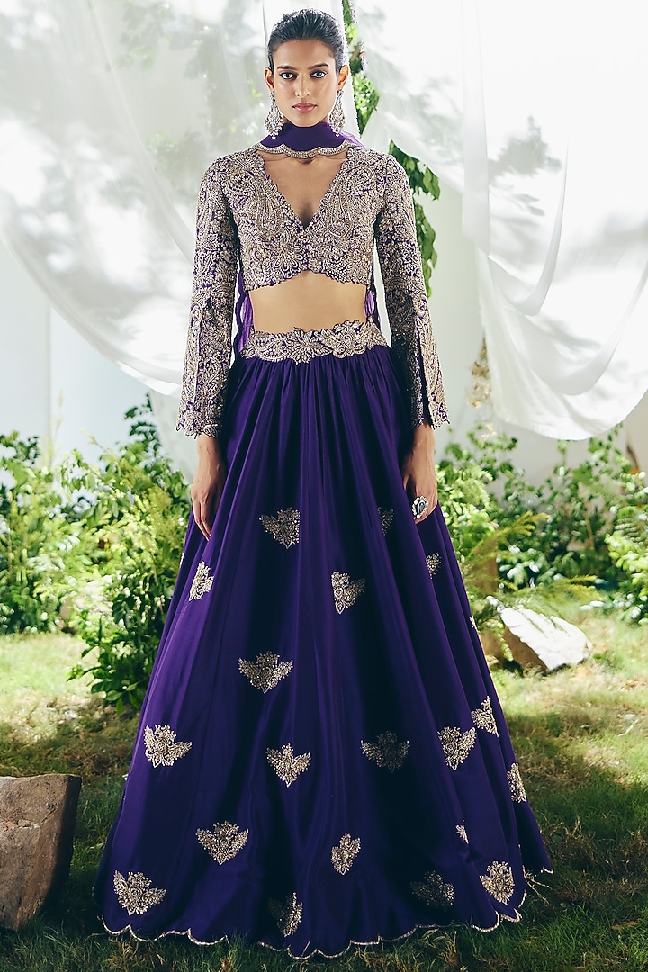 Purple Silk Zardosi Hand Embroidered Bridal Lehenga Set by Mrunalini Rao at Pernia's Pop Up Shop