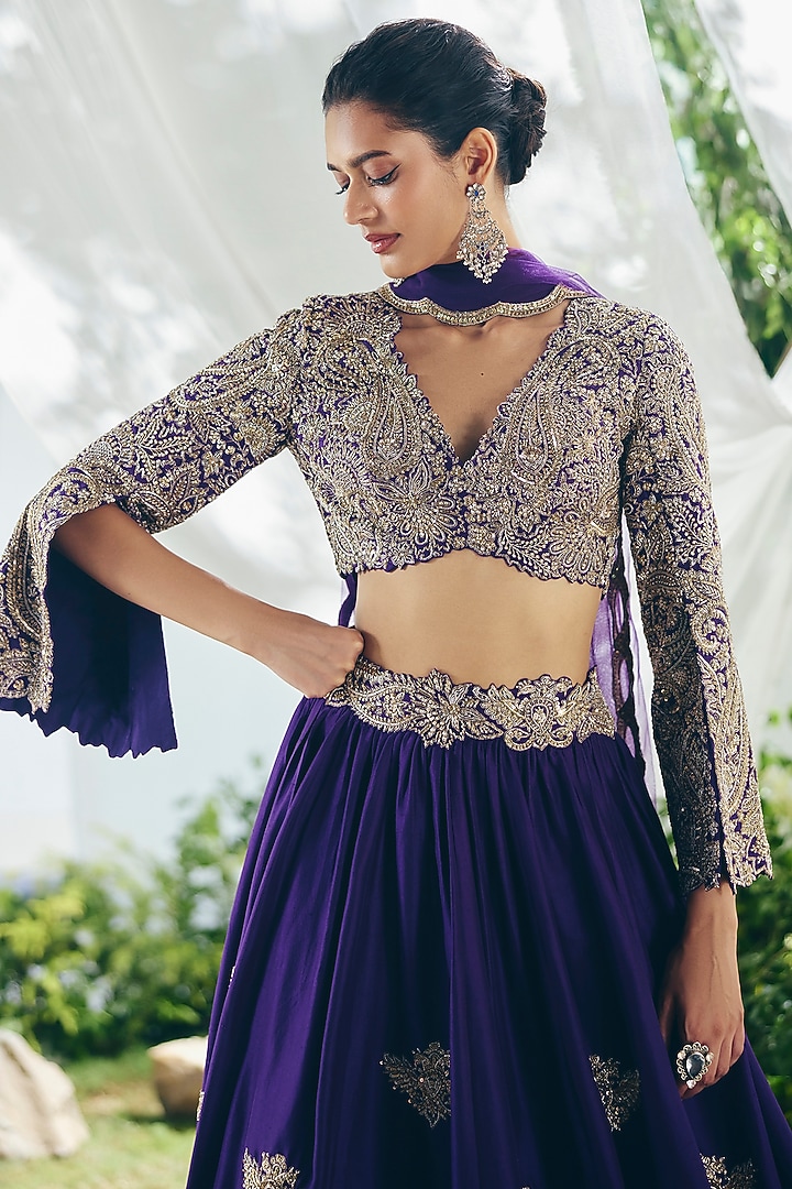 Purple Silk Zardosi Hand Embroidered Bridal Lehenga Set by Mrunalini Rao at Pernia's Pop Up Shop