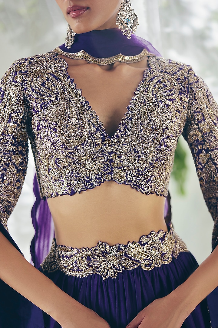 Purple Silk Zardosi Hand Embroidered Bridal Lehenga Set by Mrunalini Rao at Pernia's Pop Up Shop