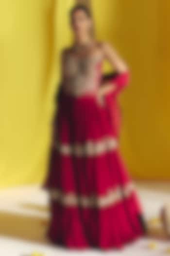 Maroon Georgette Resham Embroidered Bridal Lehenga Set by Mrunalini Rao at Pernia's Pop Up Shop