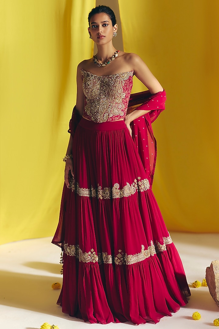 Maroon Georgette Resham Embroidered Bridal Lehenga Set by Mrunalini Rao at Pernia's Pop Up Shop