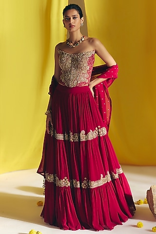 Maroon Georgette Resham Embroidered Lehenga Set by Mrunalini Rao