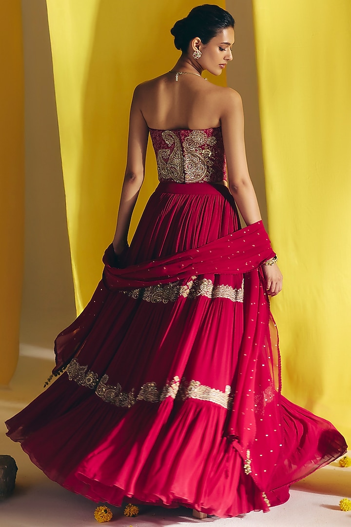 Maroon Georgette Resham Embroidered Bridal Lehenga Set by Mrunalini Rao at Pernia's Pop Up Shop
