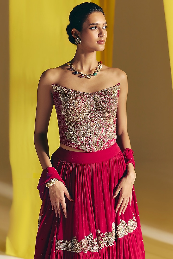 Maroon Georgette Resham Embroidered Bridal Lehenga Set by Mrunalini Rao at Pernia's Pop Up Shop