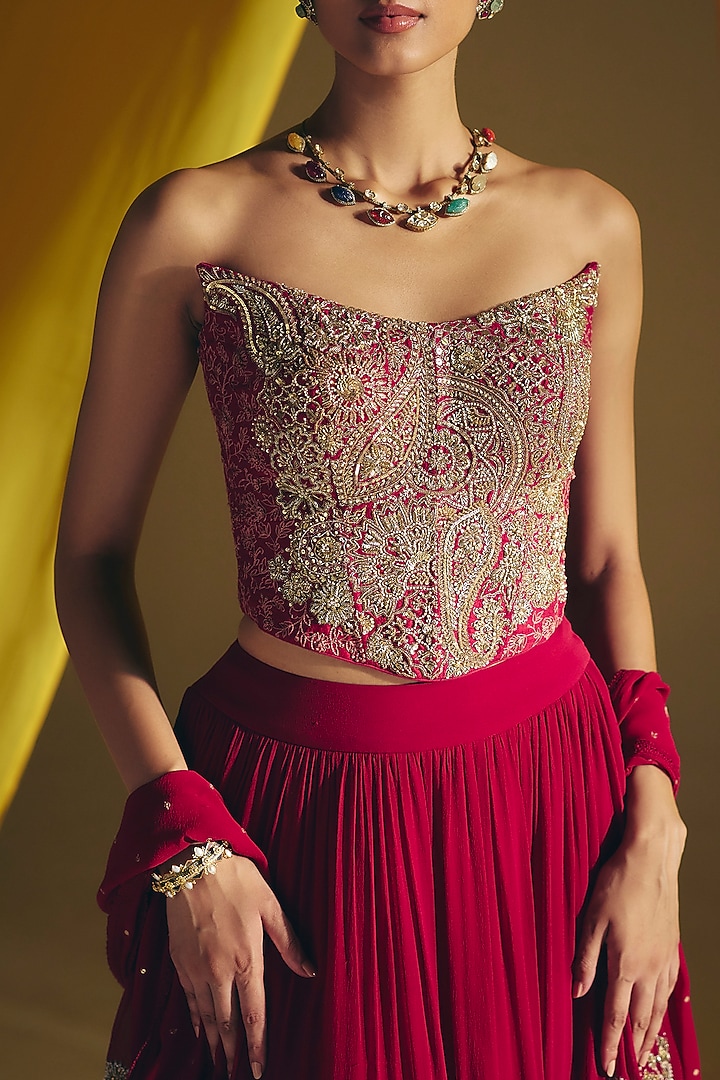 Maroon Georgette Resham Embroidered Bridal Lehenga Set by Mrunalini Rao at Pernia's Pop Up Shop