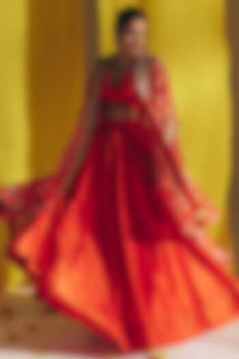 Orange Silk Gathered Bridal Lehenga Set by Mrunalini Rao at Pernia's Pop Up Shop