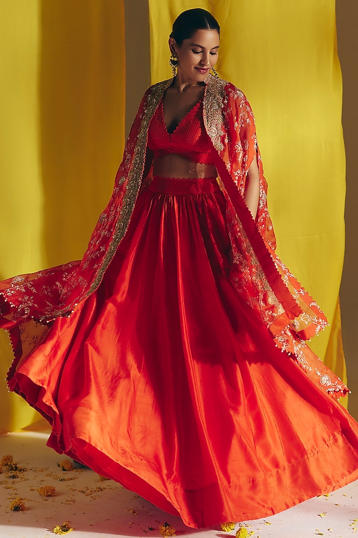 Orange Silk Gathered Bridal Lehenga Set by Mrunalini Rao at Pernia's Pop Up Shop
