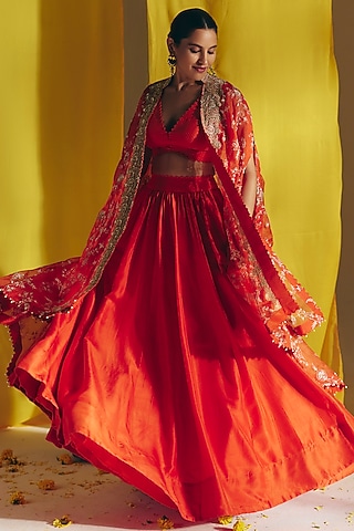 Orange Silk Gathered Lehenga Set by Mrunalini Rao