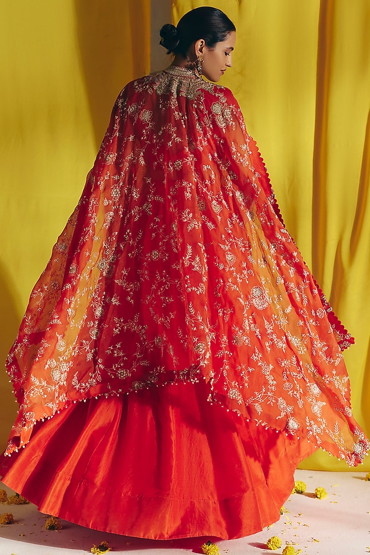 Orange Silk Gathered Bridal Lehenga Set by Mrunalini Rao at Pernia's Pop Up Shop