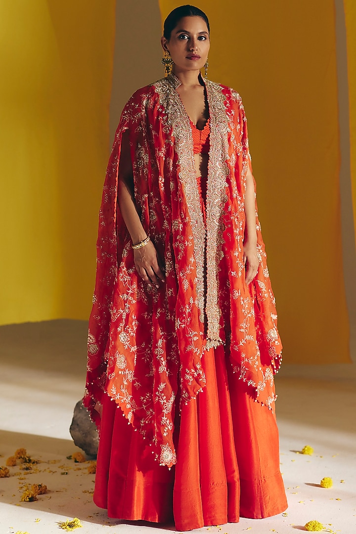 Orange Silk Gathered Bridal Lehenga Set by Mrunalini Rao at Pernia's Pop Up Shop