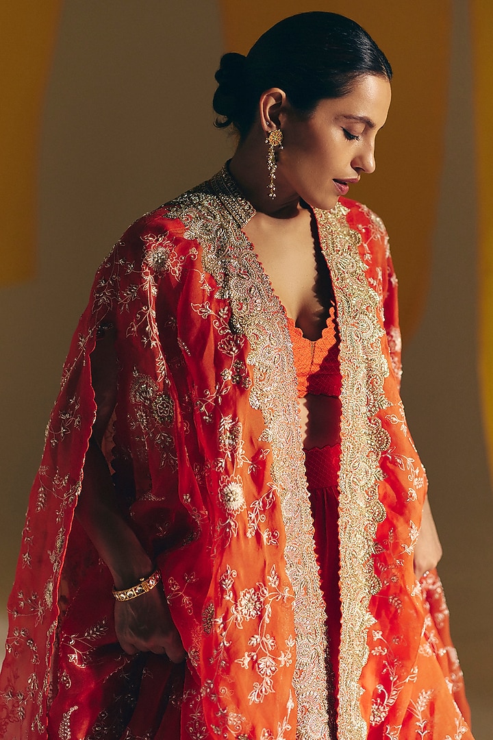 Orange Silk Gathered Bridal Lehenga Set by Mrunalini Rao at Pernia's Pop Up Shop