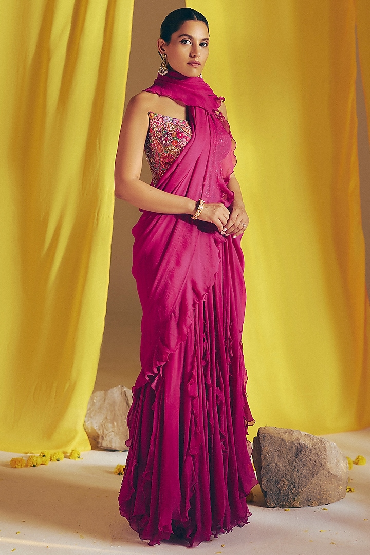 Magenta Chiffon Ruffled Reception Saree Set by Mrunalini Rao at Pernia's Pop Up Shop