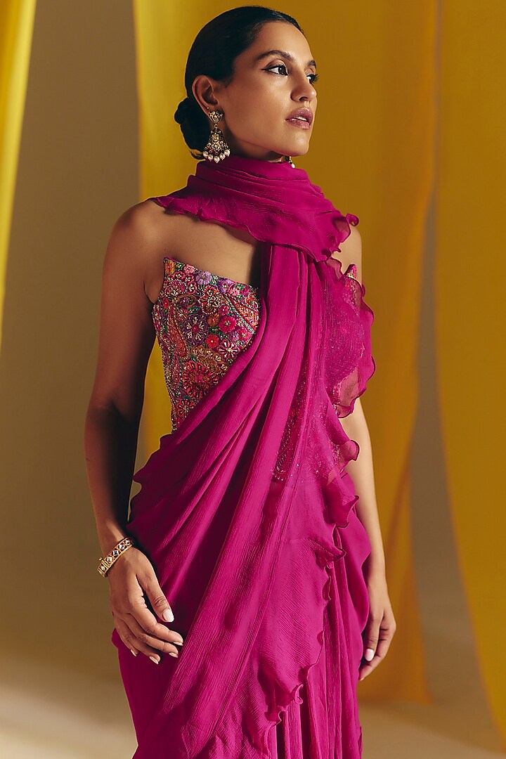 Magenta Chiffon Ruffled Reception Saree Set by Mrunalini Rao at Pernia's Pop Up Shop