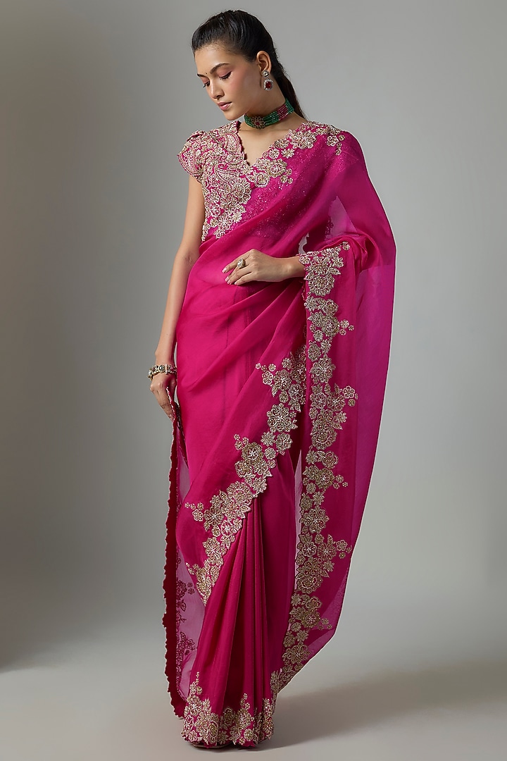 Pink Organza & Silk Embroidered Bridal Saree Set by Mrunalini Rao at Pernia's Pop Up Shop