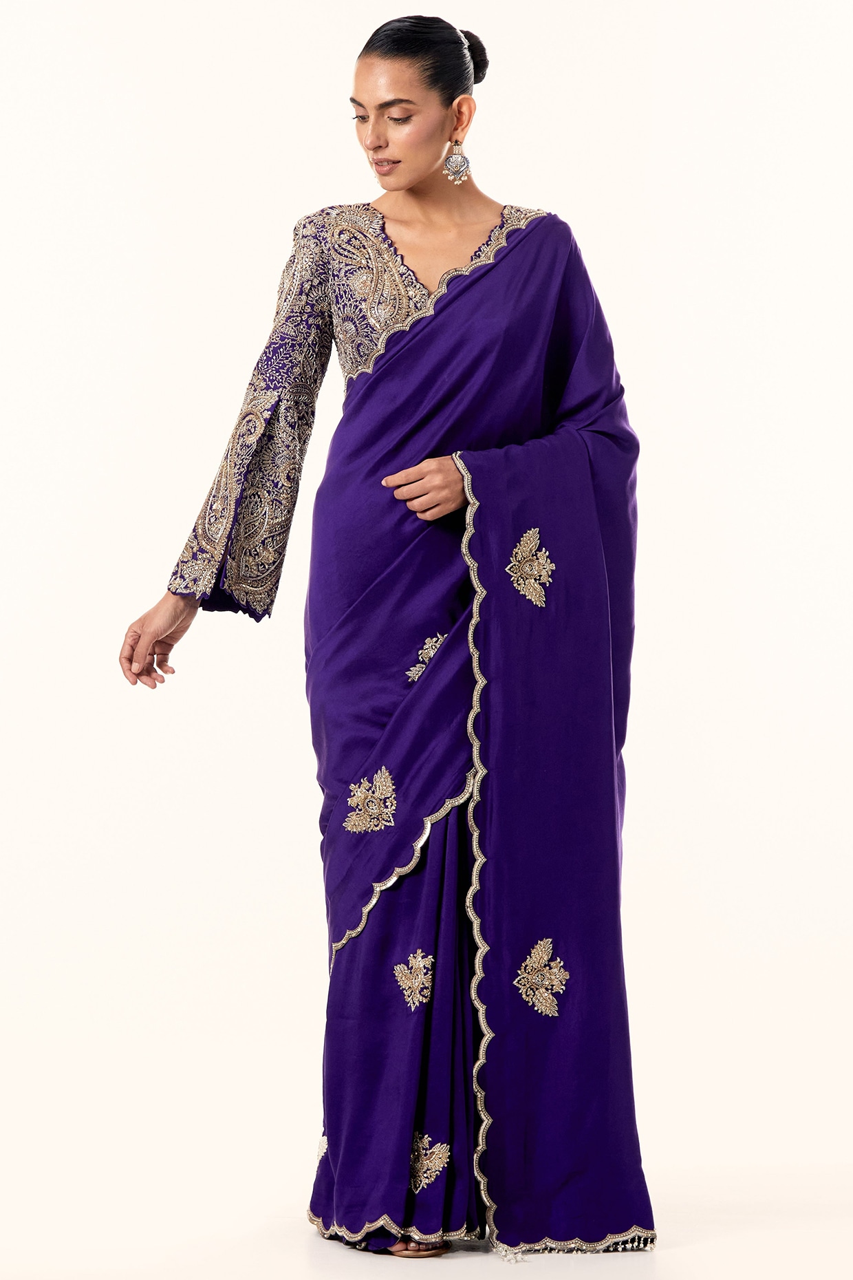 Mrunalini Rao Purple Silk Zardosi Hand Embroidered Saree Set