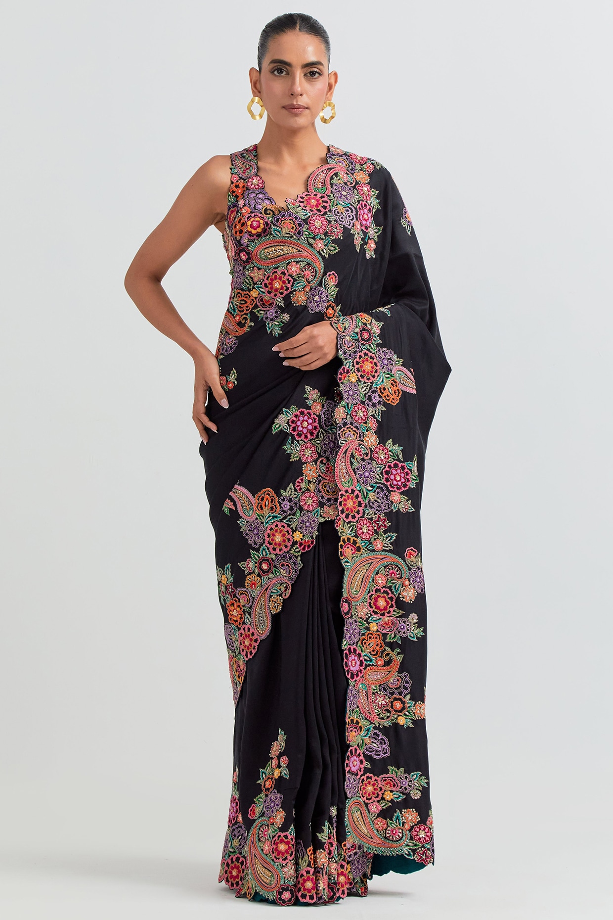 Mrunalini Rao Black Silk Resham Embroidered Saree Set