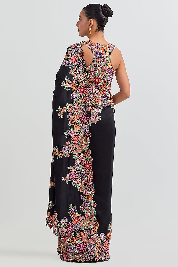 Black Silk Resham Embroidered Bridal Saree Set by Mrunalini Rao at Pernia's Pop Up Shop