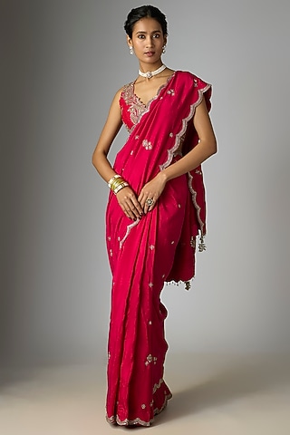 Red Satin Silk Zardosi Embroidered Saree Set by Mrunalini Rao