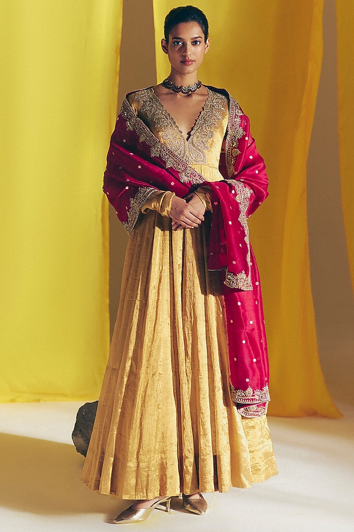 Golden Tissue Paisley Hand Embroidered Bridal Anarkali Set by Mrunalini Rao at Pernia's Pop Up Shop