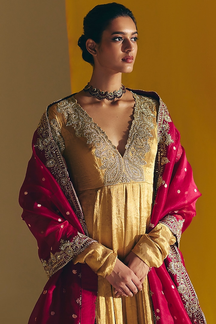 Golden Tissue Paisley Hand Embroidered Bridal Anarkali Set by Mrunalini Rao at Pernia's Pop Up Shop