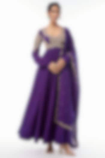 Purple Matka Silk Zardosi & Pearl Embroidered Bridal Anarkali Set by Mrunalini Rao at Pernia's Pop Up Shop