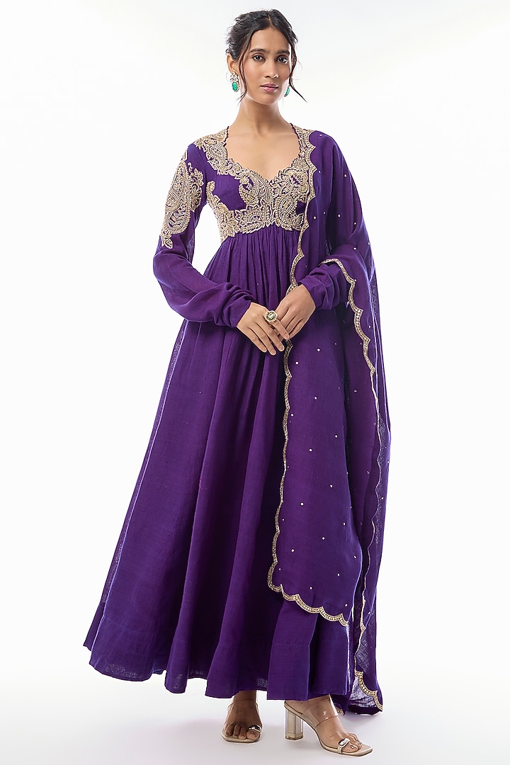 Purple Matka Silk Zardosi & Pearl Embroidered Bridal Anarkali Set by Mrunalini Rao at Pernia's Pop Up Shop