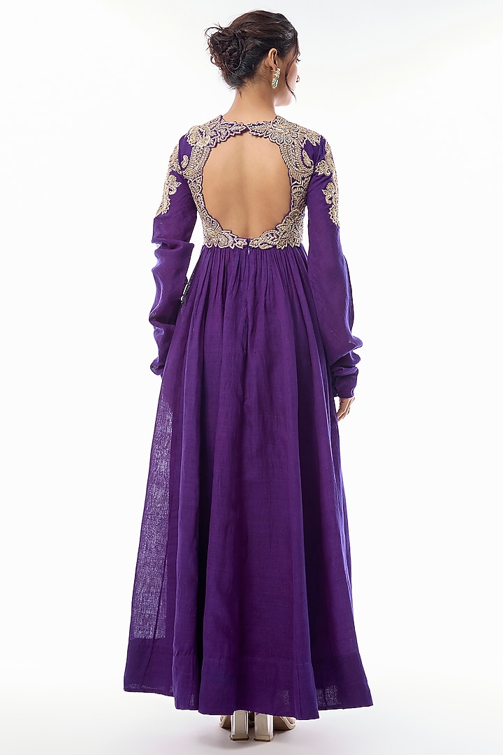 Purple Matka Silk Zardosi & Pearl Embroidered Bridal Anarkali Set by Mrunalini Rao at Pernia's Pop Up Shop