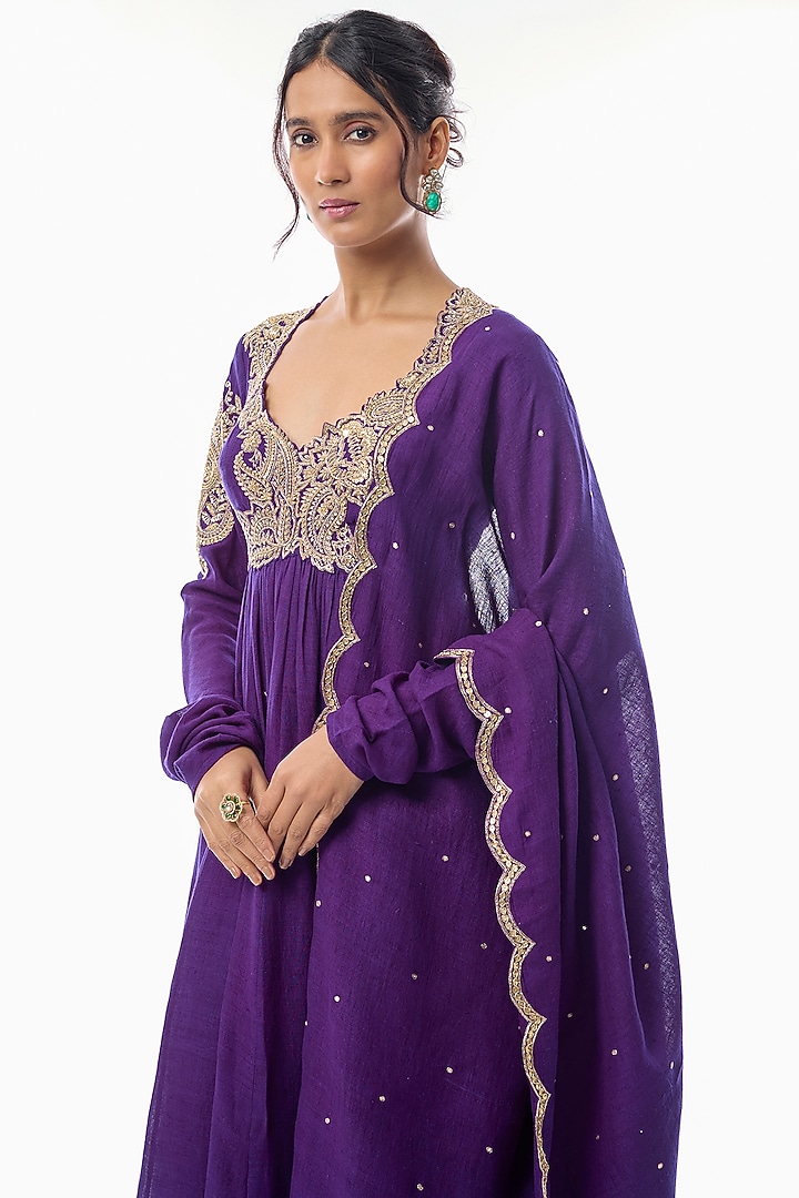 Purple Matka Silk Zardosi & Pearl Embroidered Bridal Anarkali Set by Mrunalini Rao at Pernia's Pop Up Shop