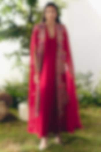Red Matka Silk Maxi Party Wear Dress With Embroidered Cape by Mrunalini Rao at Pernia's Pop Up Shop