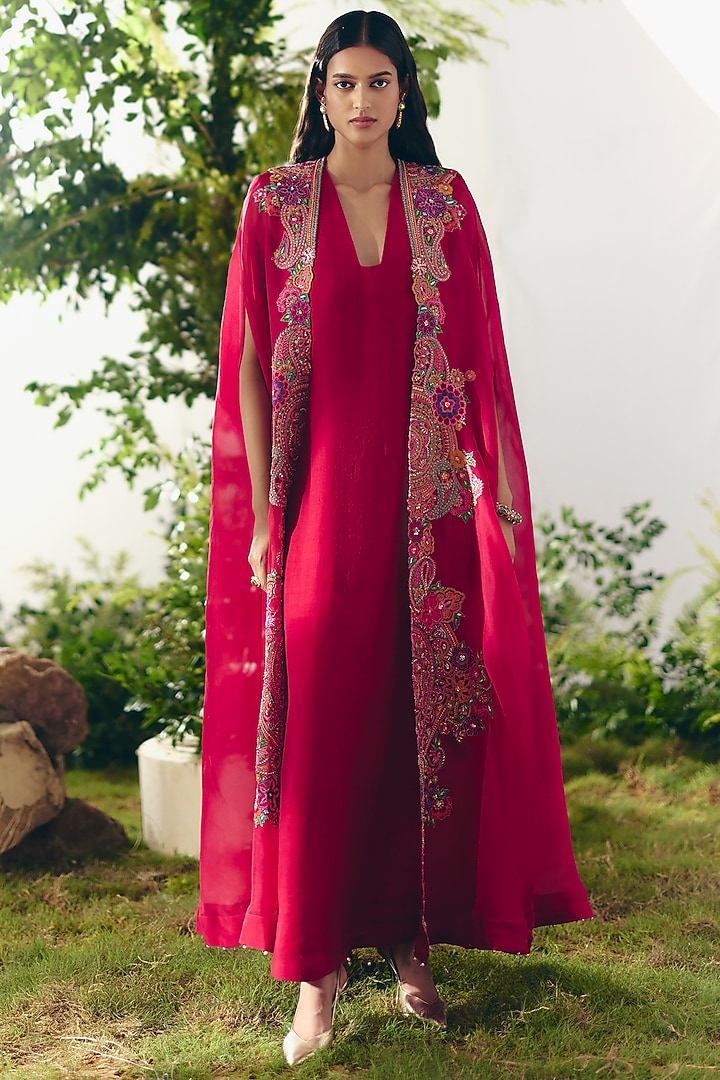 Red Matka Silk Maxi Party Wear Dress With Embroidered Cape by Mrunalini Rao at Pernia's Pop Up Shop