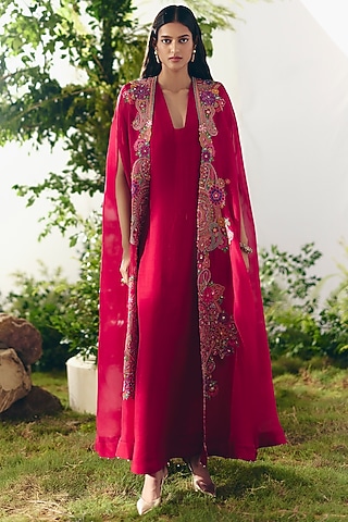 Red Matka Silk Maxi Dress With Embroidered Cape by Mrunalini Rao