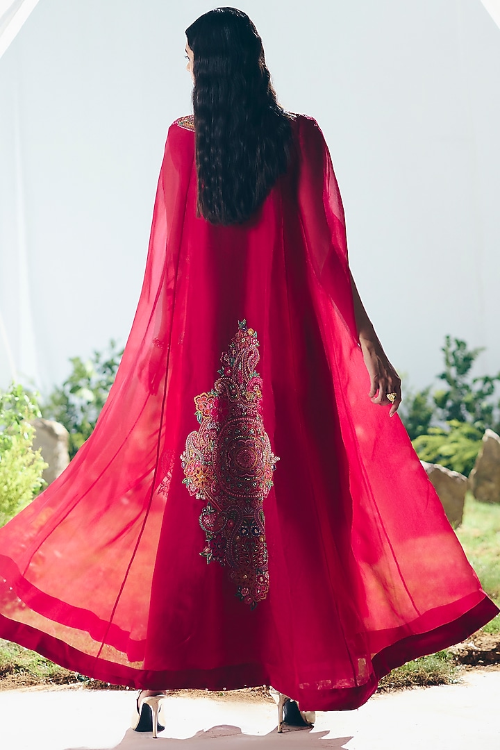 Red Matka Silk Maxi Party Wear Dress With Embroidered Cape by Mrunalini Rao at Pernia's Pop Up Shop