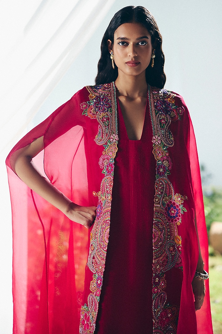 Red Matka Silk Maxi Party Wear Dress With Embroidered Cape by Mrunalini Rao at Pernia's Pop Up Shop