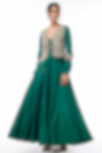 Deep Green Raw Silk Floral Embellished Waistcoat Bridal Anarkali Set by Mrunalini Rao at Pernia's Pop Up Shop