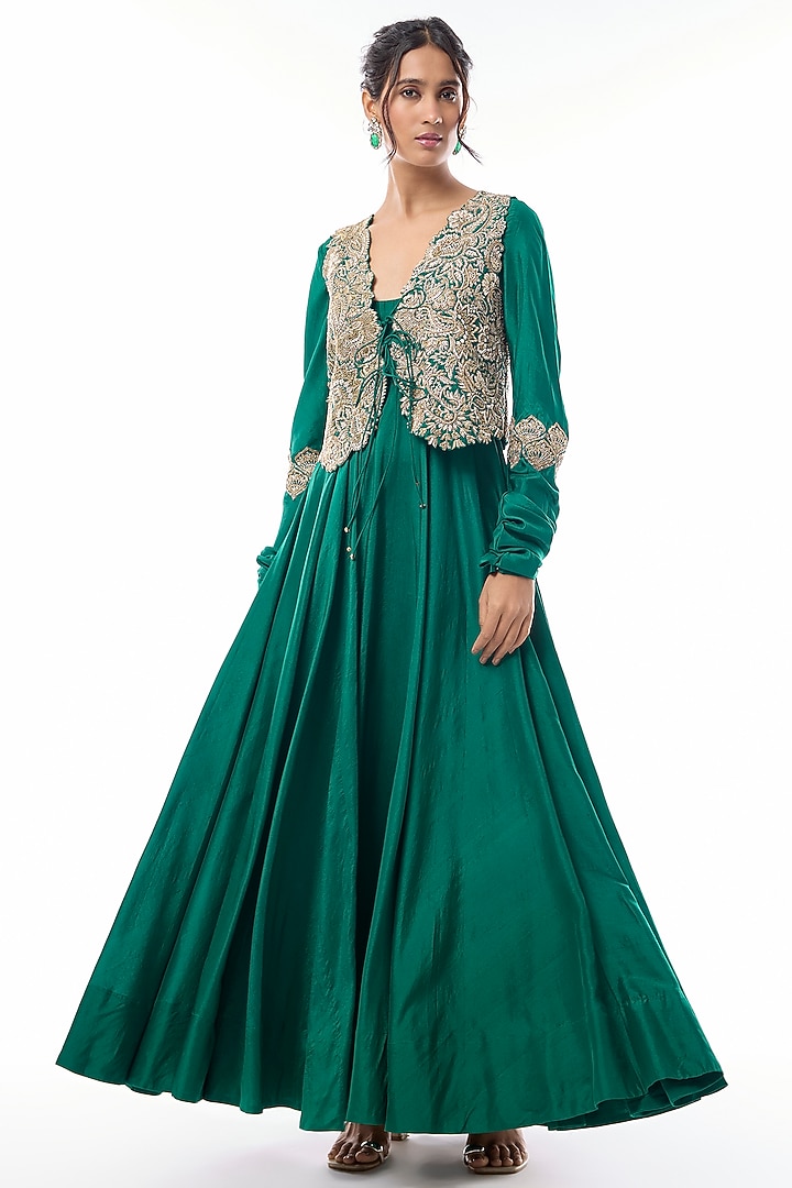 Deep Green Raw Silk Floral Embellished Waistcoat Bridal Anarkali Set by Mrunalini Rao at Pernia's Pop Up Shop