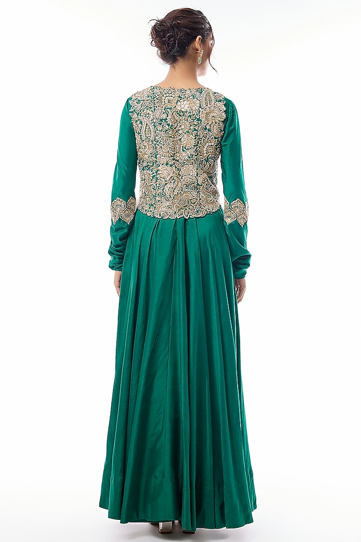 Deep Green Raw Silk Floral Embellished Waistcoat Bridal Anarkali Set by Mrunalini Rao at Pernia's Pop Up Shop