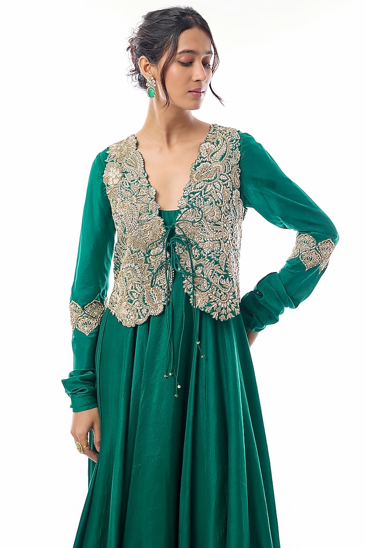 Deep Green Raw Silk Floral Embellished Waistcoat Bridal Anarkali Set by Mrunalini Rao at Pernia's Pop Up Shop
