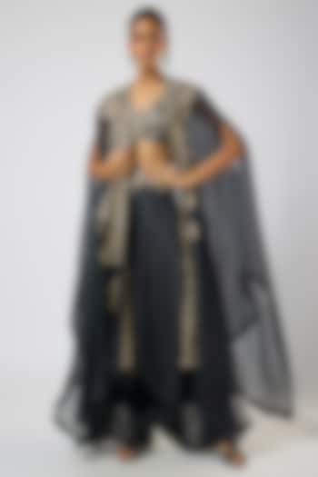 Black Organza Floral Embroidered Cape Set by Mrunalini Rao at Pernia's Pop Up Shop