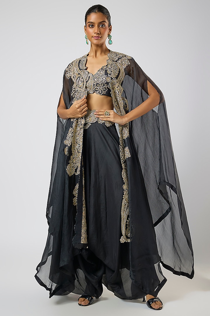 Black Organza Floral Embroidered Cape Set by Mrunalini Rao at Pernia's Pop Up Shop